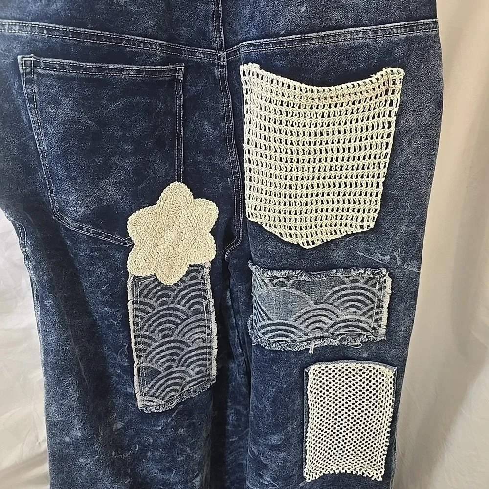 POL Denim Dark Wash Overalls Wide Leg Crochet Patchwork Size S NWT Boho - Picture 10 of 16